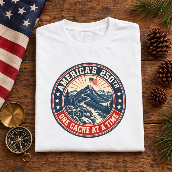 America's 250th Anniversary Geocaching T-Shirt, Retro Hiking Emblem, Patriotic Geocacher Gift 2026