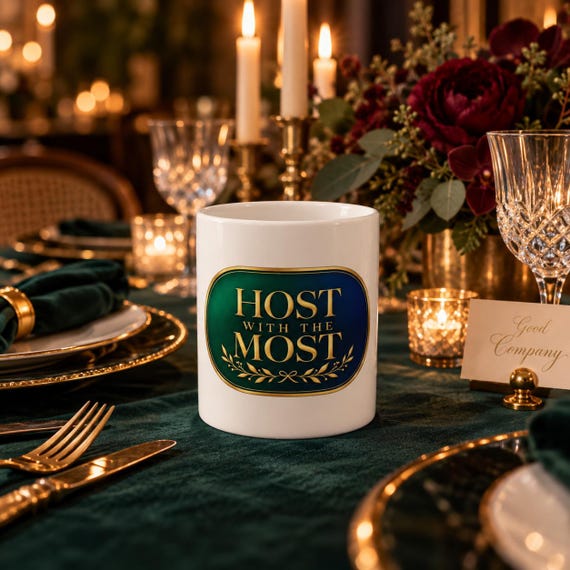 Host With The Most jewel-tone mug styled on an elegant supper club dinner table