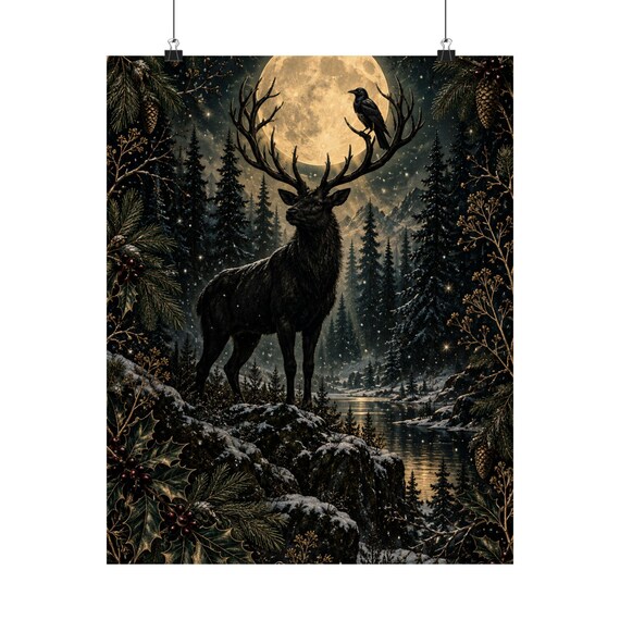 Gothic Stag Raven Moonlit Forest Print, Emerald Gold Holiday Wall Art