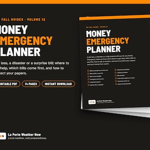 Puede incluir: Un documento Money Emergency Planner en negro y naranja con texto en blanco. La portada presenta el título, una descripción de preparación financiera y una lista de verificación de temas que incluyen pérdida de empleo, facturas y seguros. PDF.
