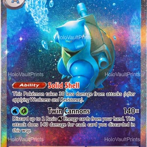 May include: A Blastoise ex trading card with 330 HP, featuring a blue turtle character with cannons on its back. The card displays the Ability Solid Shell and the Twin Cannons attack, set against a vibrant, holographic blue and purple space background.