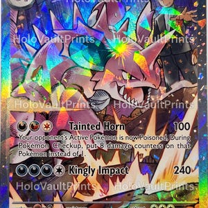 May include: A holographic Team Rocket's Nidoking ex trading card with 330 HP. The card features a purple Nidoking, a character in a suit, and the text Tainted Horn and Kingly Impact. The card has a rainbow foil finish and a 233/182 set number.
