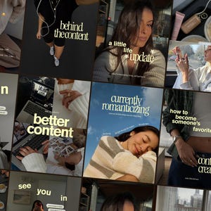 Könnte beinhalten: Eine Collage aus Lifestyle-Fotos mit verschiedenen Szenen, darunter eine Person an einem Laptop, eine ruhende Person und eine Person in einem Auto, alle überlagert mit goldenem Text, einschließlich Phrasen wie a slow morning at home und currently romanticizing.
