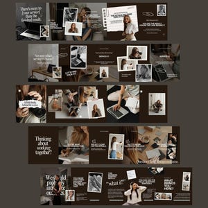 May include: A multi-panel digital collage featuring dark brown backgrounds, white text overlays, and various photographic inserts. The imagery includes a person using a laptop, holding a camera, writing in a notebook, and posing in casual clothing. Decorative elements include stamp-like borders, paper scraps, and handwritten-style notes. The text includes phrases like There's more to your service than the finished result, Thinking about working together, and This business started with a what if.