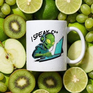 Caneca "Eu Falo C++" com Alienígena Engraçado para Programadores, Caneca de Café para Programadores, Caneca de Presente para Desenvolvedores, Caneca Tecnológica Divertida para Programadores e Codificadores