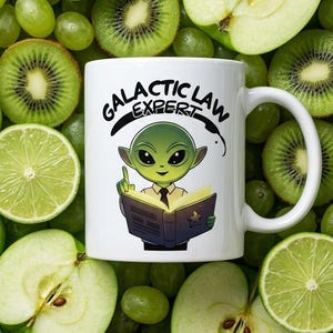 May include: A white ceramic mug featuring a graphic of a green alien character wearing a tan shirt and tie, holding an open book. The text "GALACTIC LAW EXPERT" is printed in black above the alien figure, with a curved black line underneath.