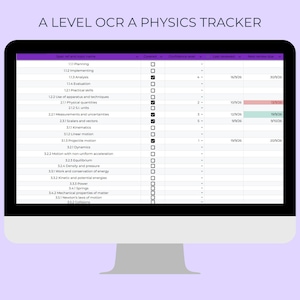 Peut inclure: Un écran d'ordinateur affichant une feuille de calcul A LEVEL OCR A PHYSICS TRACKER. Le tableau liste des sujets de physique avec des colonnes pour le statut, les niveaux de confiance, les dates de révision et les échéances, avec des cases cochées.
