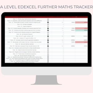 May include: A digital A Level Edexcel Further Maths tracker displayed on a computer screen. The spreadsheet lists mathematical topics with checkboxes, numerical data, and dates, featuring red and light blue highlighted cells for progress.