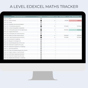 May include: A computer monitor displaying an A Level Edexcel Maths tracker spreadsheet. The digital interface features columns for topic names, covered status with checkboxes, confidence levels, last reviewed dates, and next review due dates.