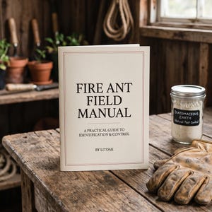 May include: A book titled Fire Ant Field Manual: A Practical Guide to Identification & Control by Litoak, featuring a cream cover with black text and a thin red border, positioned next to a glass jar of Diatomaceous Earth and a tan leather glove.