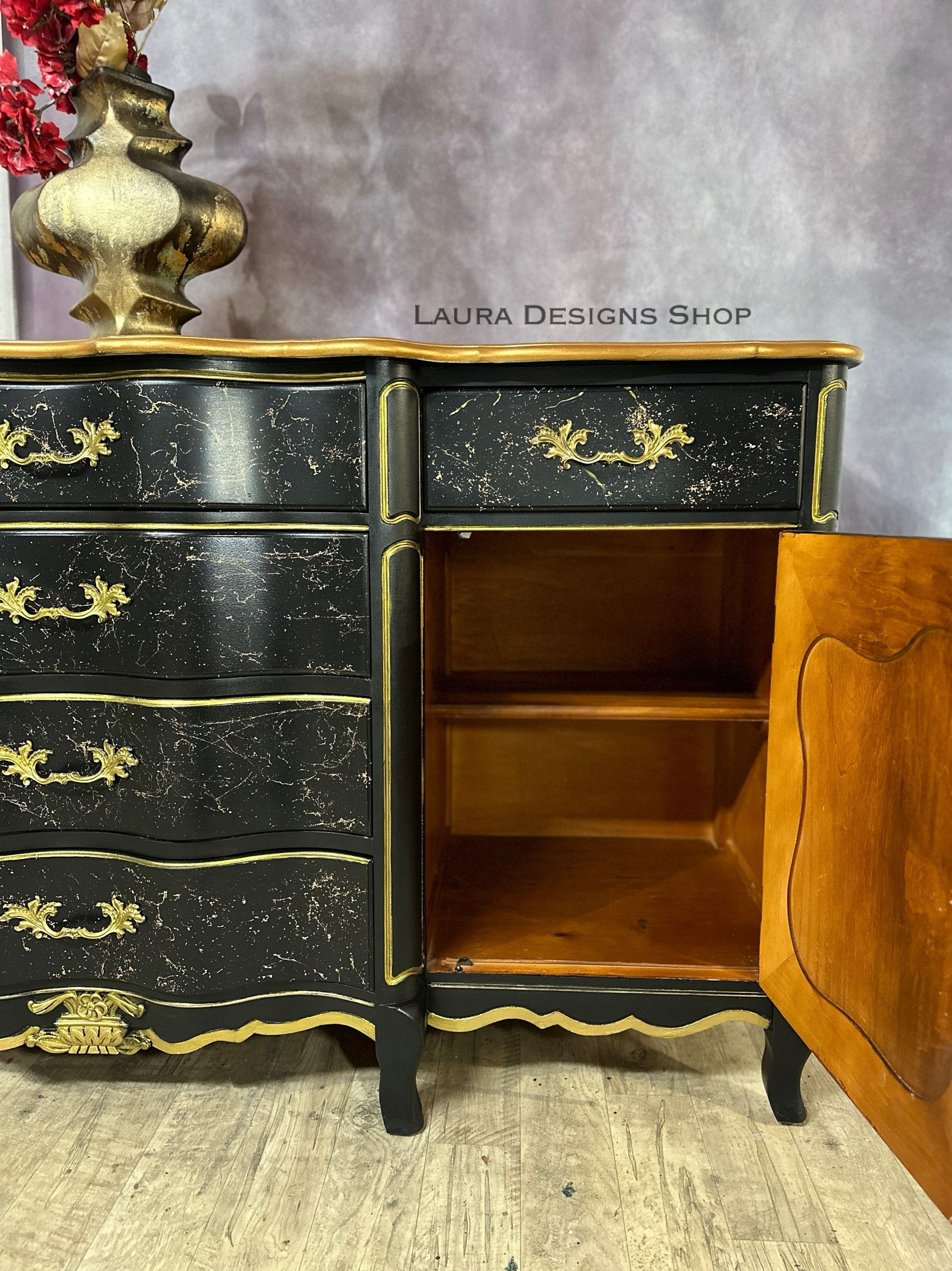 green emerald velvet dress Black & Gold Laminate Dresser & Mirror – Rehaus main image 0