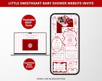 May include: A digital baby shower invitation displayed on a laptop and smartphone screen. The design features a red and white striped background with red envelopes, hearts, a teddy bear, and text including A Little Sweetheart is on the way.