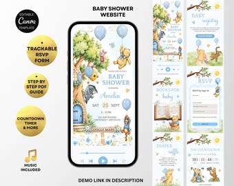Inbjudan till Nalle Puh-babyshower med OSA, babyshower med pojke och björn, redigerbar Canva-webbplatsmall