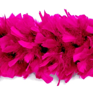 May include: A vibrant hot pink feather boa featuring a dense arrangement of soft, fluffy plumes. The long, decorative accessory is composed of numerous individual feathers layered together to create a full, textured, and voluminous appearance.