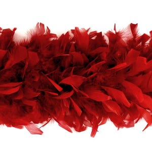 Puede incluir: Una boa de plumas decorativa y larga en un color rojo intenso y vibrante. El accesorio está compuesto por numerosas plumas suaves y superpuestas que crean una textura densa y voluminosa a lo largo de toda la pieza, mostrando un tono carmesí uniforme.