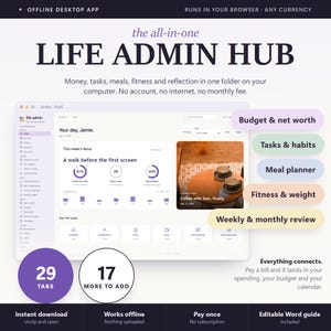May include: A digital life admin hub dashboard displayed on a computer screen, featuring sections for budget, tasks, meal planning, fitness, and reviews. The interface includes 29 tabs, progress charts, and a daily focus area. Text includes Life Admin Hub.