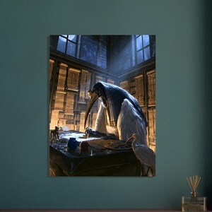 May include: A vertical wall art print depicting an ibis-headed figure in a dark, ancient library filled with scrolls. The figure wears a dark headpiece and white robes, writing at a desk with blue and red ink pots. A white bird stands nearby.