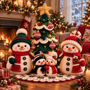 Könnte beinhalten: Eine Sammlung von vier gehäkelten Schneemannfiguren und einem gehäkelten Weihnachtsbaum. Die Schneemänner tragen Mützen und Schals in Rot, Grün und Weiß mit schwarzen Knöpfen. Der Baum ist mit einem gelben Stern und roten Kugeln verziert.