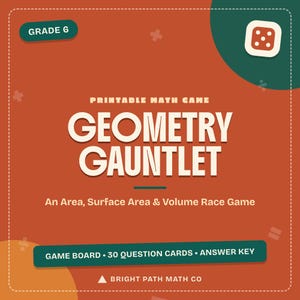 Könnte beinhalten: Ein druckbares Mathespiel mit dem Titel Geometry Gauntlet für die 6. Klasse. Die orangefarbene quadratische Karte zeigt weißen Text, einen grünen Eckakzent mit einem Würfelsymbol und eine grüne Leiste unten mit Spielbrett, 30 Karten und Lösung.