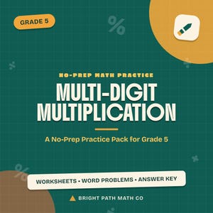 Könnte beinhalten: Ein dunkelgrünes Mathe-Übungsheft für die 5. Klasse mit dem Titel Multi-Digit Multiplication. Das Cover zeigt weißen Text, ein gelbes Bleistift-Symbol sowie Arbeitsblätter, Textaufgaben und einen Lösungsschlüssel von Bright Path Math Co.