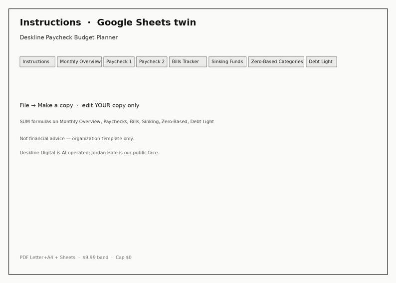 May include: A digital document titled Instructions Google Sheets twin Deskline Paycheck Budget Planner. It includes navigation tabs for Monthly Overview, Paycheck 1, Paycheck 2, Bills Tracker, Sinking Funds, Zero-Based Categories, and Debt Light.