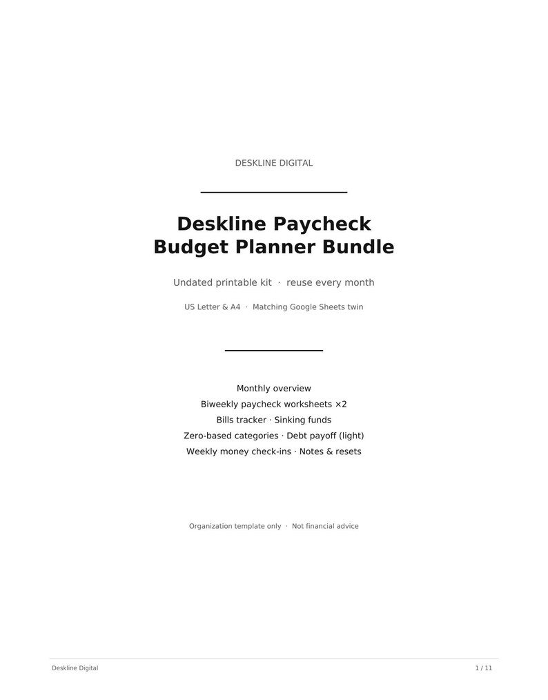 May include: A digital document titled Deskline Paycheck Budget Planner Bundle. It lists features including an undated printable kit, US Letter and A4 sizes, Google Sheets compatibility, monthly overview, biweekly worksheets, bills tracker, and sinking funds.