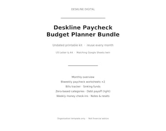 May include: A digital document titled Deskline Paycheck Budget Planner Bundle. It lists features including an undated printable kit, US Letter and A4 sizes, Google Sheets compatibility, monthly overview, biweekly worksheets, bills tracker, and sinking funds.