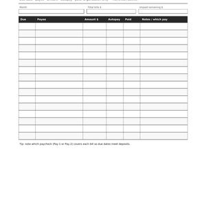 May include: A black and white bills tracker template featuring a header with the title Bills tracker, followed by fields for month, total bills, and unpaid remaining. A table includes columns for due date, payee, amount, autopay, paid, and notes.