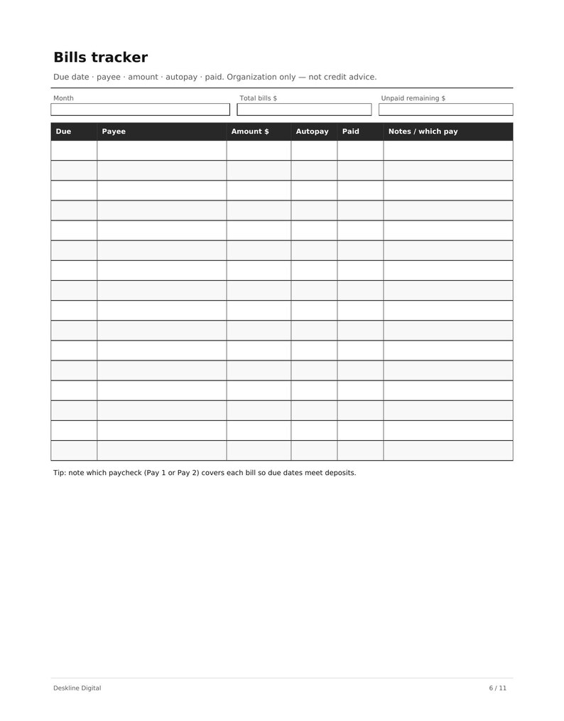May include: A black and white bills tracker template featuring a header with the title Bills tracker, followed by fields for month, total bills, and unpaid remaining. A table includes columns for due date, payee, amount, autopay, paid, and notes.