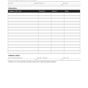 May include: A black and white biweekly paycheck worksheet with the title Pay 1. It includes fields for pay date, pay period, and net pay, followed by an allocations table for categories, planned and actual amounts, and notes, plus a leftover check section.