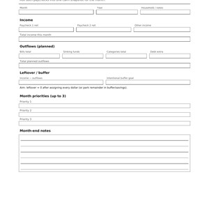 May include: A white monthly overview budget planner page with black text. Sections include Monthly overview, Income, Outflows, Leftover/buffer, Month priorities, and Month-end notes. The document features blank fields for data entry and the text Deskline Digital.