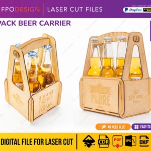 Puede incluir: Un archivo de corte láser para un portacervezas de seis unidades en madera con grabados que incluyen "Good Drinks with Friends", "Padre" y la marca "Corona Extra". El diseño incluye opciones para grosores de 2,5mm, 3mm, 4mm y 5mm.