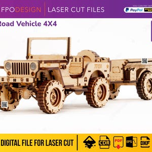 以下が含まれることがあります： レーザーカットされた木製の4x4オフロード車のモデルで、トレーラー付き。Off Road Vehicle 4x4および77231という文字が刻まれています。3mm厚の素材向けに設計されており、レーザーカットプロジェクト用の様々なデジタルファイル形式が含まれています。