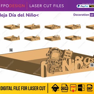 以下が含まれることがあります： Bandeja Día del Niñoとラベル付けされた木製トレイ用の10種類のデザインを含むレーザーカット用デジタルファイルセット。FELIZ DIA DEL NIÑOと書かれた看板を持つ宇宙飛行士などの様々なテーマがあり、2.5mm、3mm、4mm、5mmの素材厚に対応。CDR、PDF、EPS、DXF、SVG形式が含まれています。
