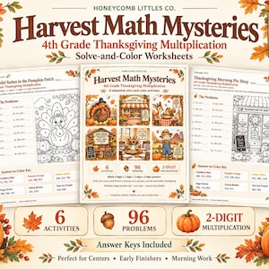 Pode incluir: Um conjunto de fichas de exercícios de multiplicação de Ação de Graças para o quarto ano, Harvest Math Mysteries, com seis atividades, 96 problemas e gabaritos. As páginas incluem ilustrações de perus, abóboras e tortas com folhas.