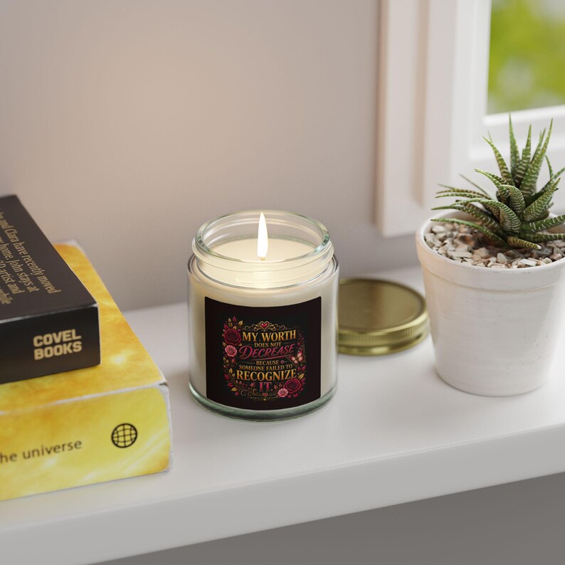 My Worth Does Not Decrease Inspirational Candle, Coconut Apricot Wax by Maria Valentine. image 8