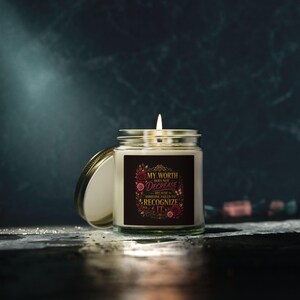 My Worth Does Not Decrease Inspirational Candle, Coconut Apricot Wax by Maria Valentine. image 4