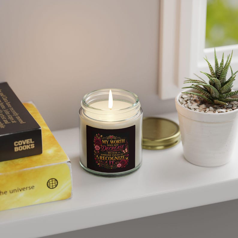 My Worth Does Not Decrease Inspirational Candle, Coconut Apricot Wax by Maria Valentine. image 3