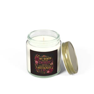My Worth Does Not Decrease Inspirational Candle, Coconut Apricot Wax by Maria Valentine. image 17