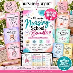 May include: A nursing study guide bundle featuring a large spiral-bound book titled The Ultimate Nursing School Bundle, surrounded by seven smaller study guides, a pen, and digital tablet screens displaying medical charts and nursing concepts.