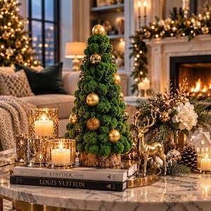 Op de afbeelding: Een conische kerstboom van groen geconserveerd mos, versierd met kleine gouden ornamenten en geplaatst op een schorsvoet. De boom staat op twee gestapelde boeken met de titels The Kinfolk Home en Louis Vuitton, omringd door gouden kandelaars.