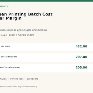 Puede incluir: Una plantilla de hoja de cálculo digital titulada Screen Printing Batch Cost Order Margin de STEADYMONTH. Muestra campos para ingresos de pedidos, margen de costes de lote y margen tras asignación, en formatos editables XLSX, Excel y Google Sheets.