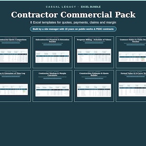 May include: A digital bundle titled Casual Legacy Contractor Commercial Pack featuring 8 Excel templates for quotes, payments, claims, and margin. The display shows thumbnails for Subcontractor Quote Comparison, Payment Tracker, Progress Billing, and more.
