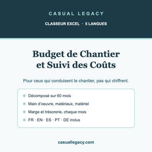 May include: A digital Excel spreadsheet file titled CASUAL LEGACY, CLASSEUR EXCEL 5 LANGUES, Budget de Chantier et Suivi des Coûts. It lists features including a 60-month breakdown, labor, materials, equipment, cash flow, and five languages included.