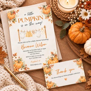 May include: A rectangular baby shower invitation and a matching thank you card featuring watercolour pumpkins and autumn leaves. The invitation text reads: A little PUMPKIN is on the way! Please join us for a baby shower honouring Brianna Wilson.