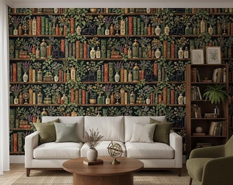 Black Cat and Botanical Bookshelf Wallpaper for a Study