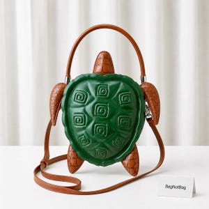 May include: A turtle-shaped handbag featuring a glossy green shell with embossed spiral patterns and brown textured limbs. The bag includes a top handle and a long shoulder strap, with a small white card displaying the text BagNotBag.