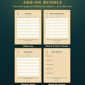 May include: A Caregiver Planner add-on bundle featuring four beige printable pages titled Sleep Log, Meal & Protein Tracker, Therapy Notes, and About My Person. Each page includes structured tables and lines for documentation, measuring 21.59 by 27.94 cm.