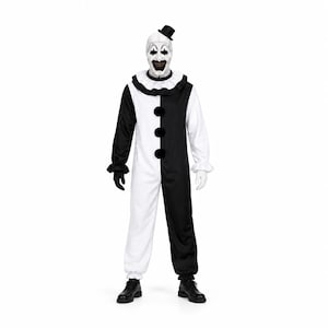 May include: A full-body clown costume featuring a black and white color-blocked jumpsuit with a ruffled collar, three black pom-poms down the front, and matching black and white gloves. The ensemble includes a white clown mask with a small black hat.