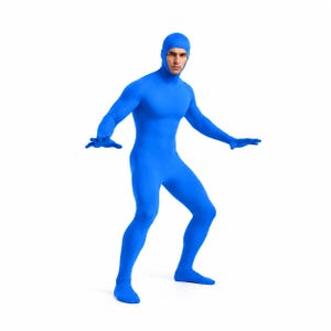 May include: A full-body blue spandex bodysuit that covers the entire body, including the feet, hands, and head, with a face opening that reveals the eyes, nose, and mouth. The fabric is a solid, vibrant blue color with a smooth, form-fitting texture.